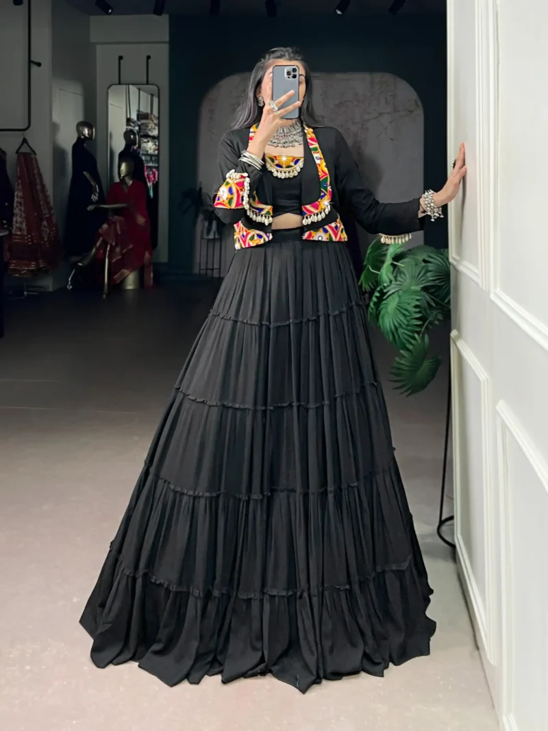 Black Colour Pure Rayon Navratri Lehenga with Mirror Jacket
