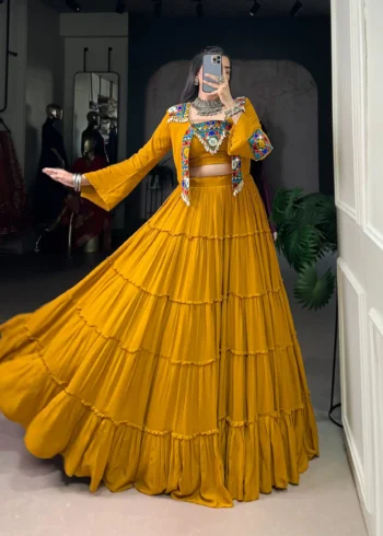 Mustard Colour Pure Rayon Navratri Lehenga with Mirror Jacket full flair