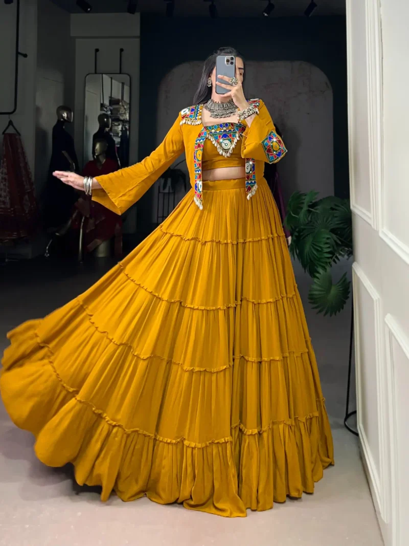 Mustard Colour Pure Rayon Navratri Lehenga with Mirror Jacket full flair