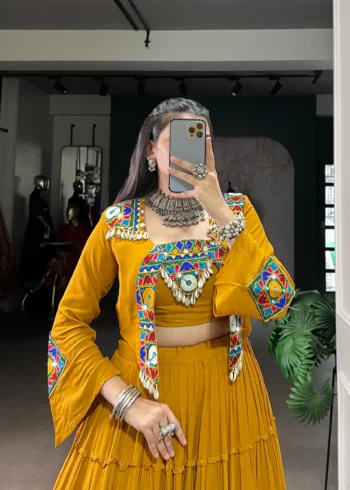 Mustard Colour Pure Rayon Navratri Lehenga with Mirror Jacket close look