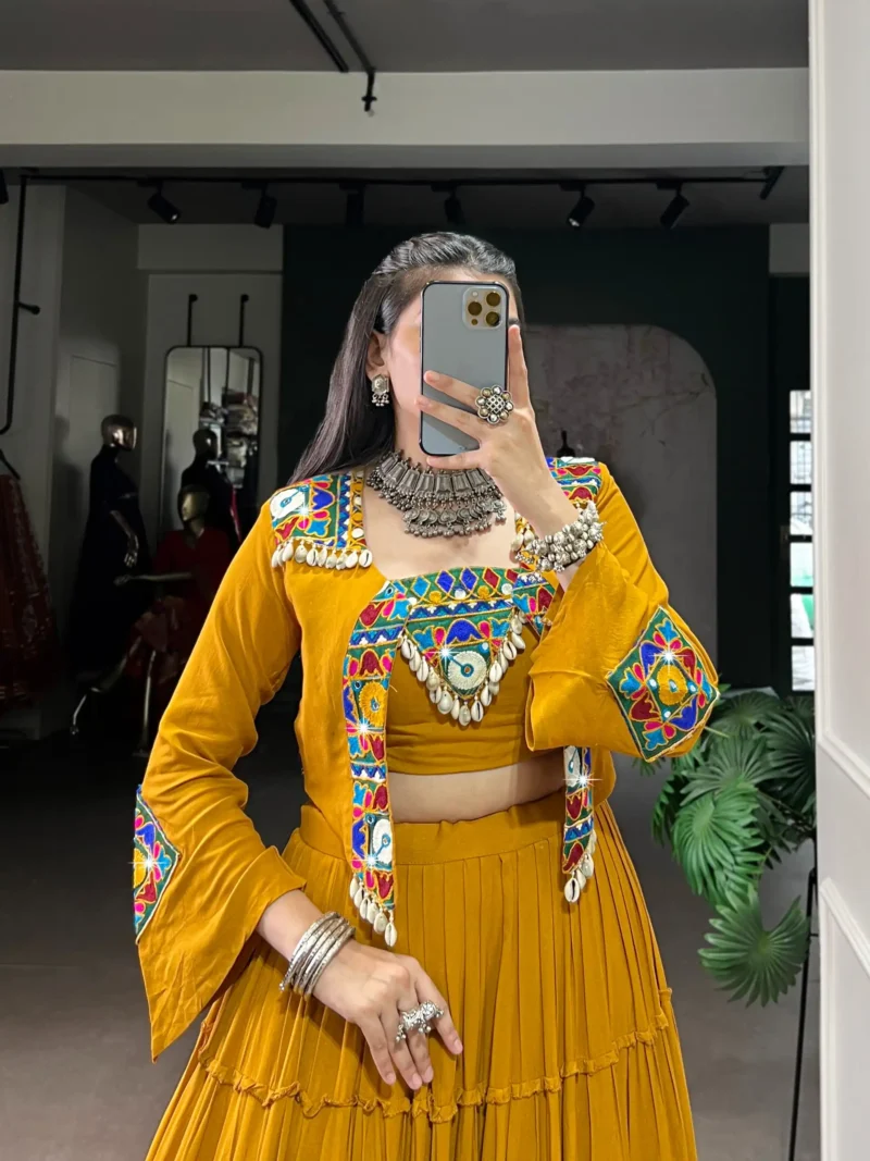 Mustard Colour Pure Rayon Navratri Lehenga with Mirror Jacket close look