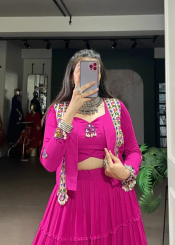 Pink Colour Pure Rayon Navratri Lehenga with Mirror Jacket close look