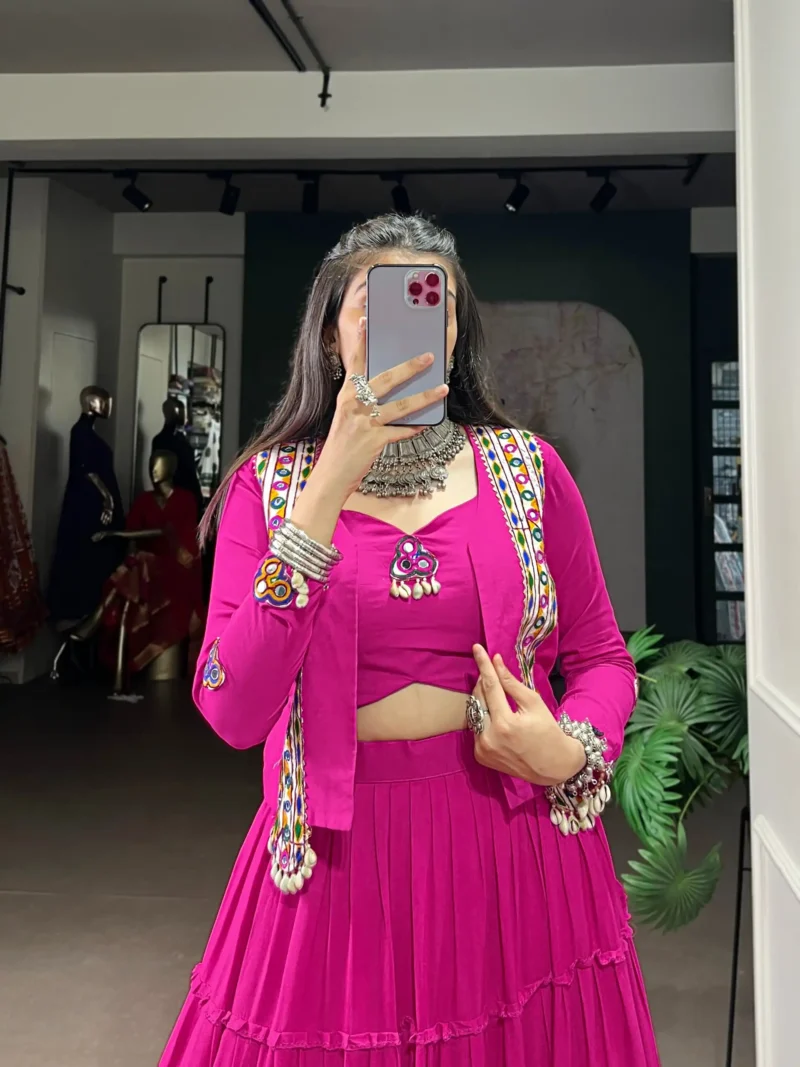 Pink Colour Pure Rayon Navratri Lehenga with Mirror Jacket close look