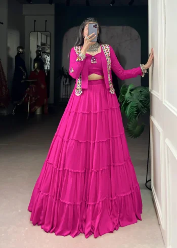 Pink Colour Pure Rayon Navratri Lehenga with Mirror Jacket front look