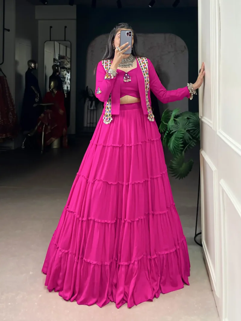 Pink Colour Pure Rayon Navratri Lehenga with Mirror Jacket front look