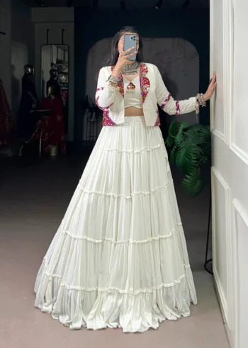 White Colour Pure Rayon Navratri Lehenga with Mirror Jacket front