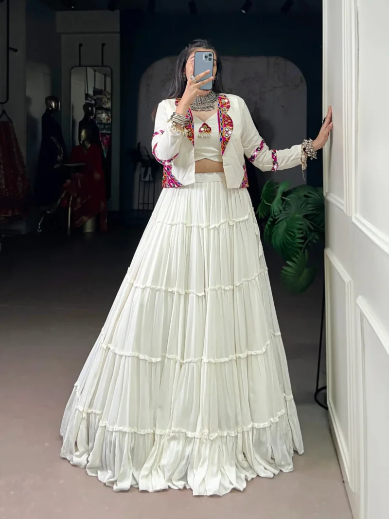 White Colour Pure Rayon Navratri Lehenga with Mirror Jacket front