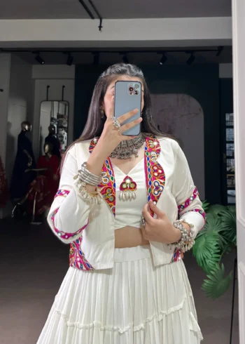 White Colour Pure Rayon Navratri Lehenga with Mirror Jacket close