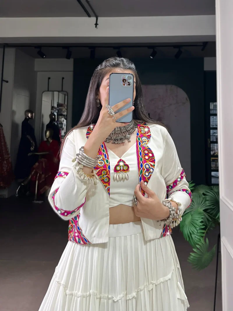 White Colour Pure Rayon Navratri Lehenga with Mirror Jacket close