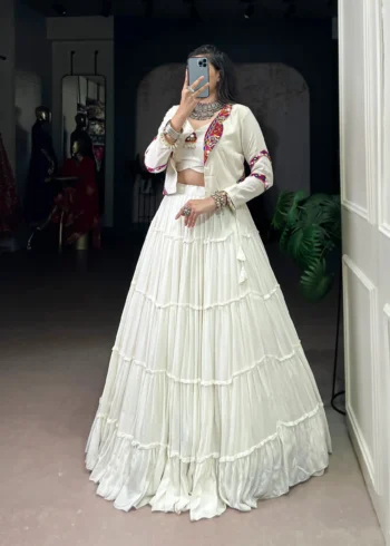 White Colour Pure Rayon Navratri Lehenga with Mirror Jacket front