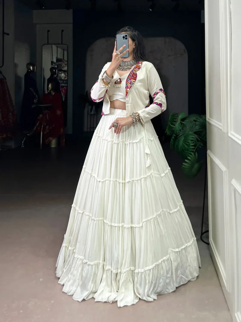 White Colour Pure Rayon Navratri Lehenga with Mirror Jacket front