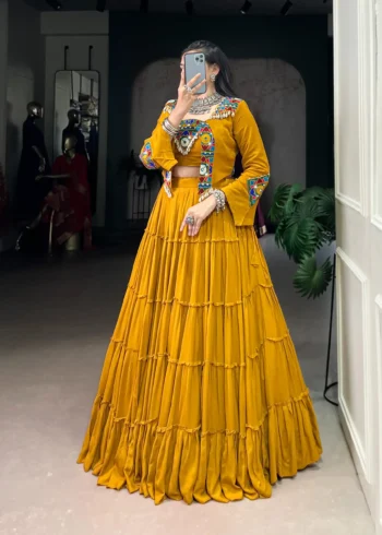 Mustard Colour Pure Rayon Navratri Lehenga with Mirror Jacket