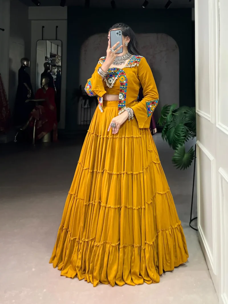 Mustard Colour Pure Rayon Navratri Lehenga with Mirror Jacket