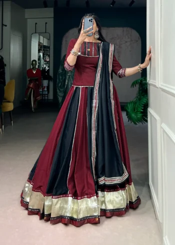 Woman wearing Ready to Wear Chinon Navratri Lehenga with Mirror Lace front