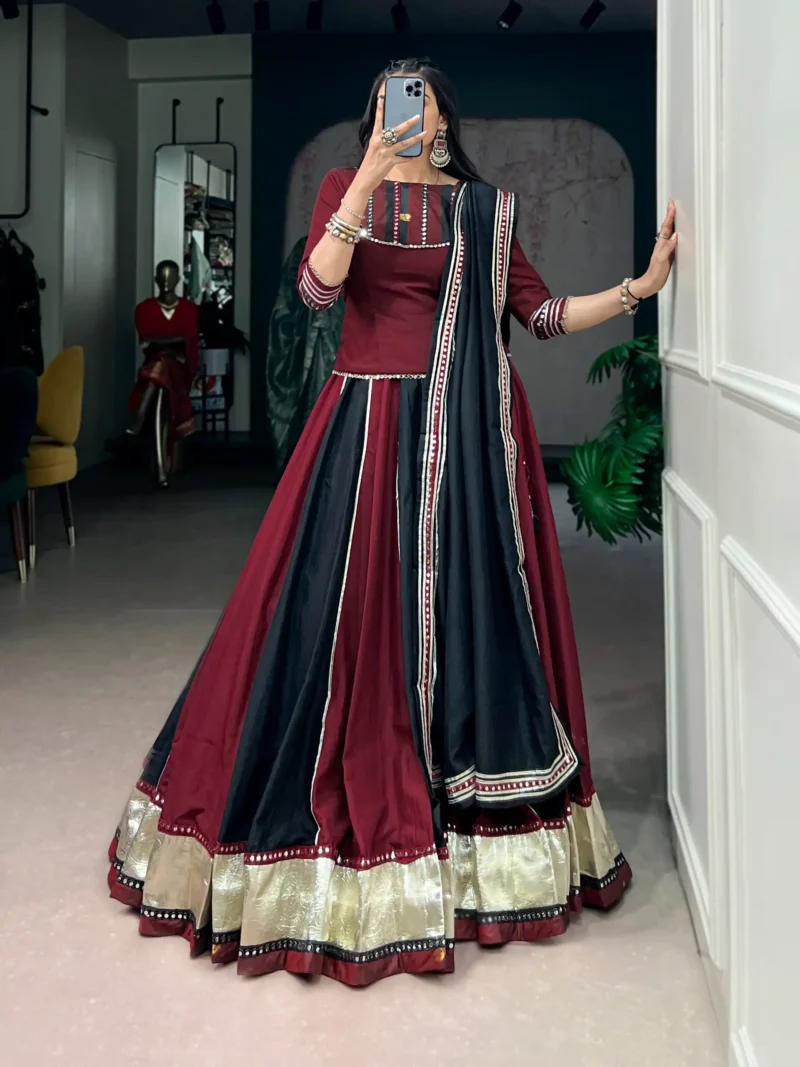 Woman wearing Ready to Wear Chinon Navratri Lehenga with Mirror Lace front