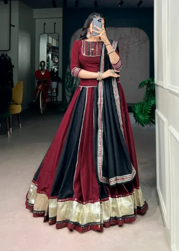 Woman wearing Ready to Wear Chinon Navratri Lehenga with Mirror Lace front look