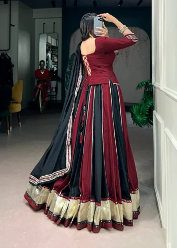 Woman wearing Ready to Wear Chinon Navratri Lehenga with Mirror Lace backside look