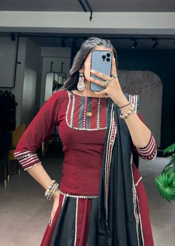Woman wearing Ready to Wear Chinon Navratri Lehenga with Mirror Lace close blouse look