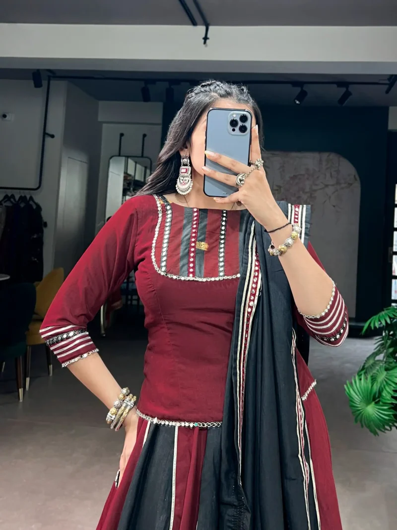Woman wearing Ready to Wear Chinon Navratri Lehenga with Mirror Lace close blouse look