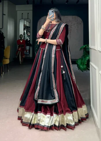 Woman wearing Ready to Wear Chinon Navratri Lehenga with Mirror Lace side look
