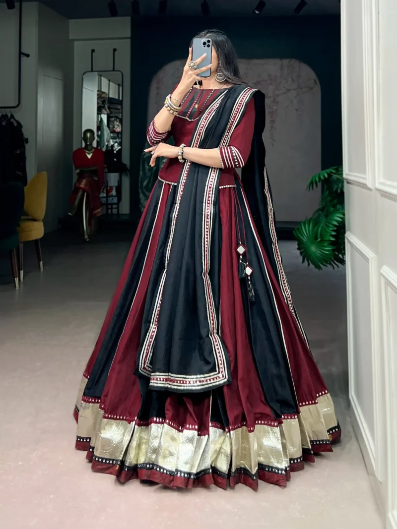 Woman wearing Ready to Wear Chinon Navratri Lehenga with Mirror Lace side look