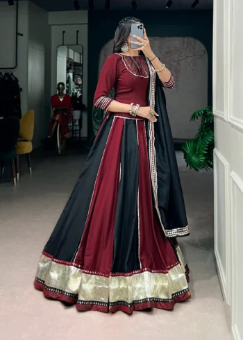 Woman wearing Ready to Wear Chinon Navratri Lehenga with Mirror Lace full look