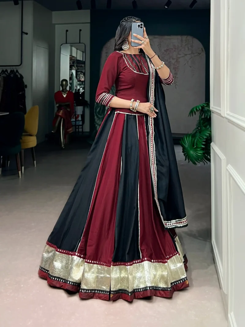 Woman wearing Ready to Wear Chinon Navratri Lehenga with Mirror Lace full look