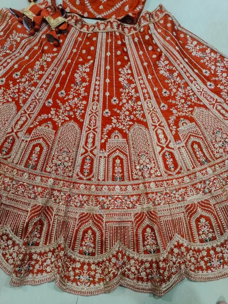 rusk silk bridal lehenga choli close work details