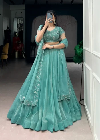 Sea Green Colour Gold Coin Bridesmaid Lehenga front design