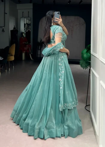 Sea Green Colour Gold Coin Bridesmaid Lehenga back design