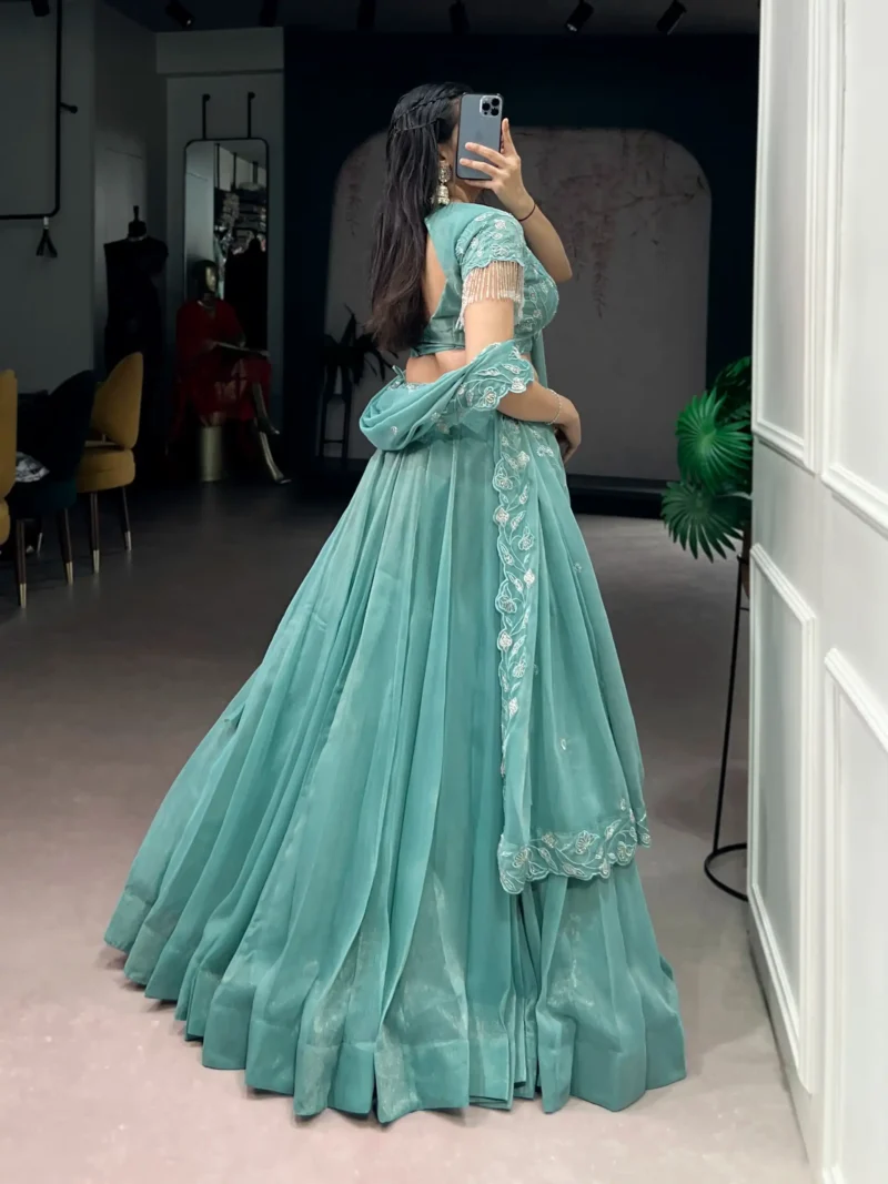 Sea Green Colour Gold Coin Bridesmaid Lehenga back design