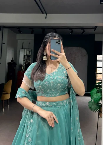 Sea Green Colour Gold Coin Bridesmaid Lehenga close blouse look