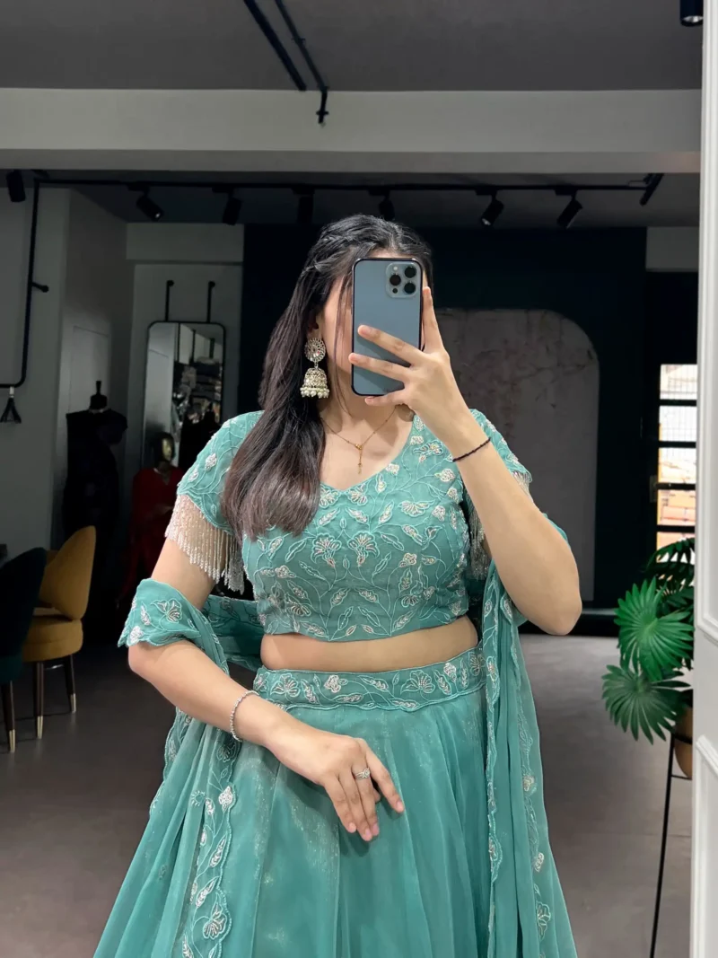 Sea Green Colour Gold Coin Bridesmaid Lehenga close blouse look
