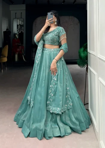 Sea Green Colour Gold Coin Bridesmaid Lehenga side look