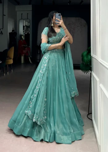 Sea Green Colour Gold Coin Bridesmaid Lehenga side look