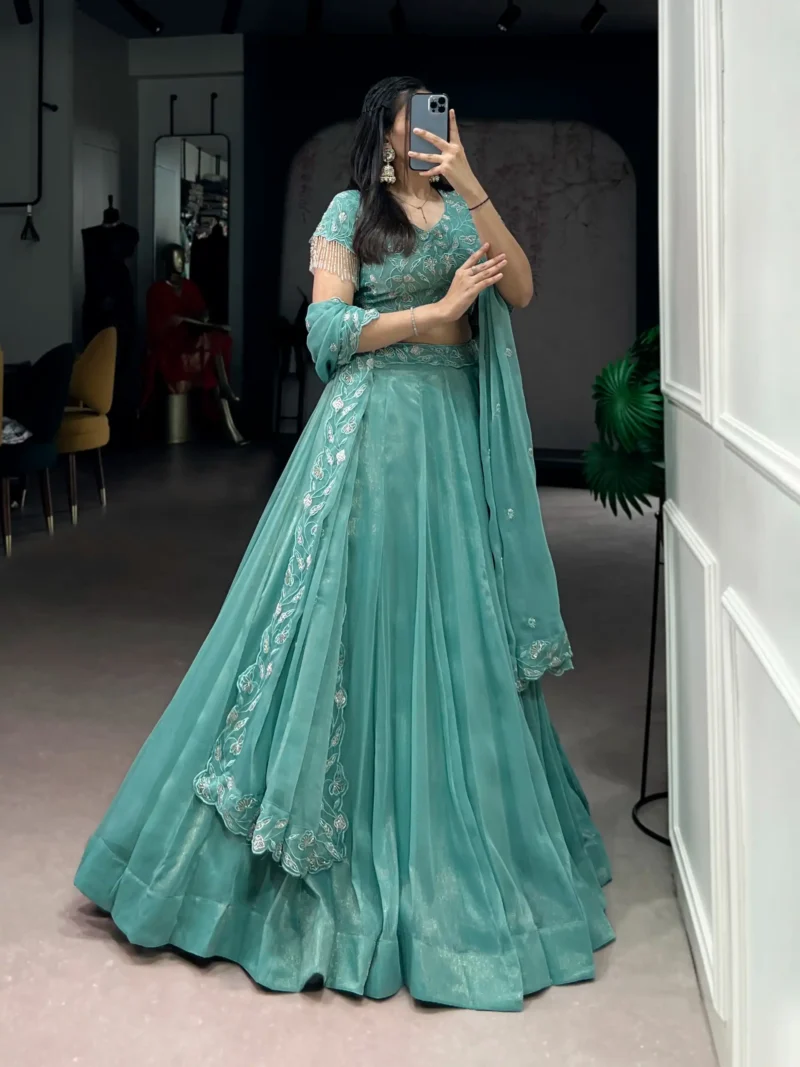Sea Green Colour Gold Coin Bridesmaid Lehenga side look