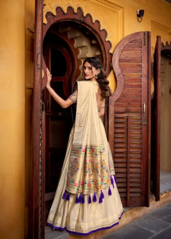 Off White colour Shimmer Paithani Half Saree Lehenga back design