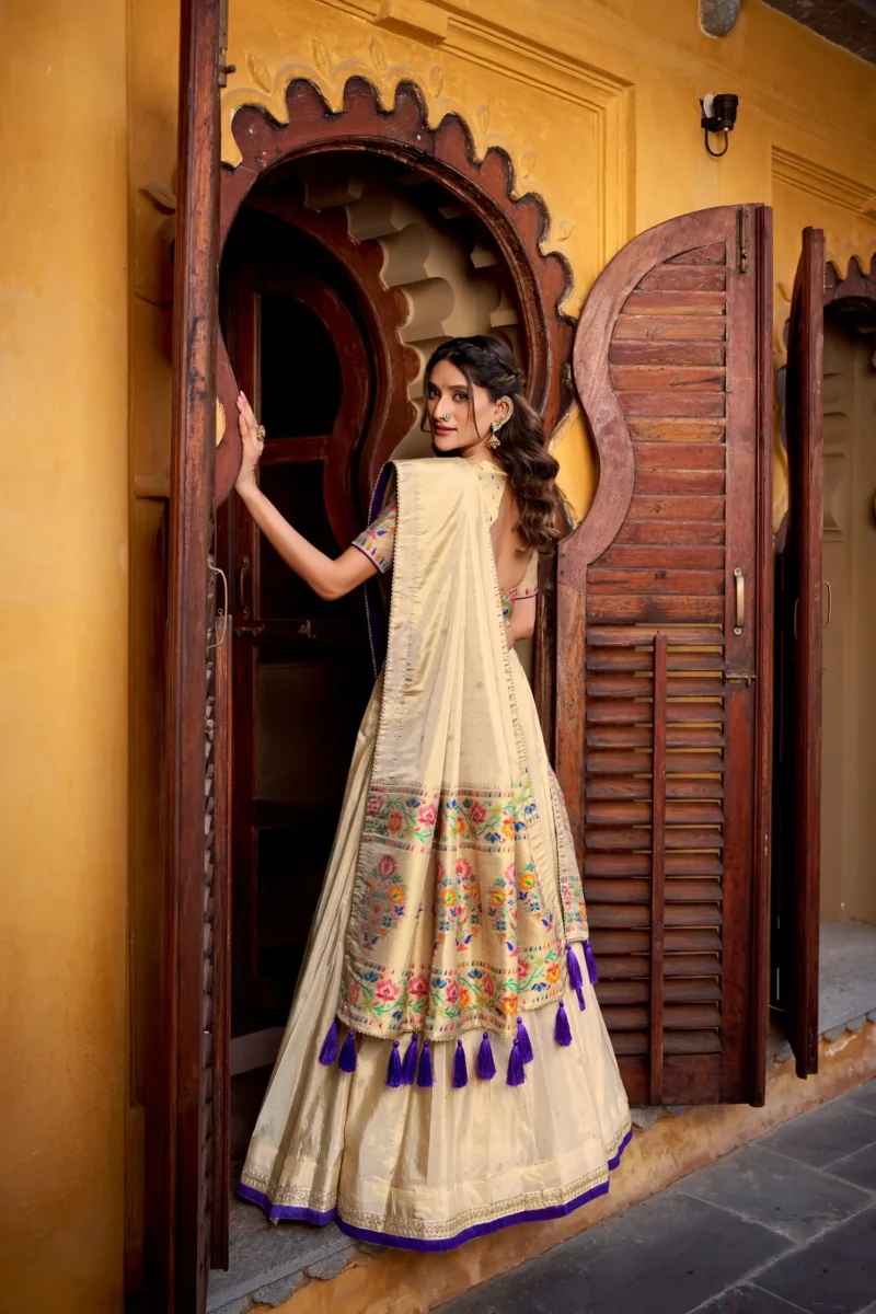 Off White colour Shimmer Paithani Half Saree Lehenga back design