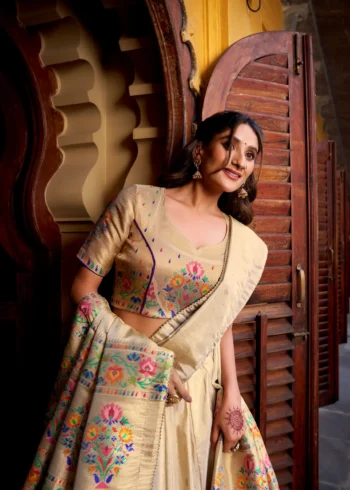 Off White colour Shimmer Paithani Half Saree Lehenga close