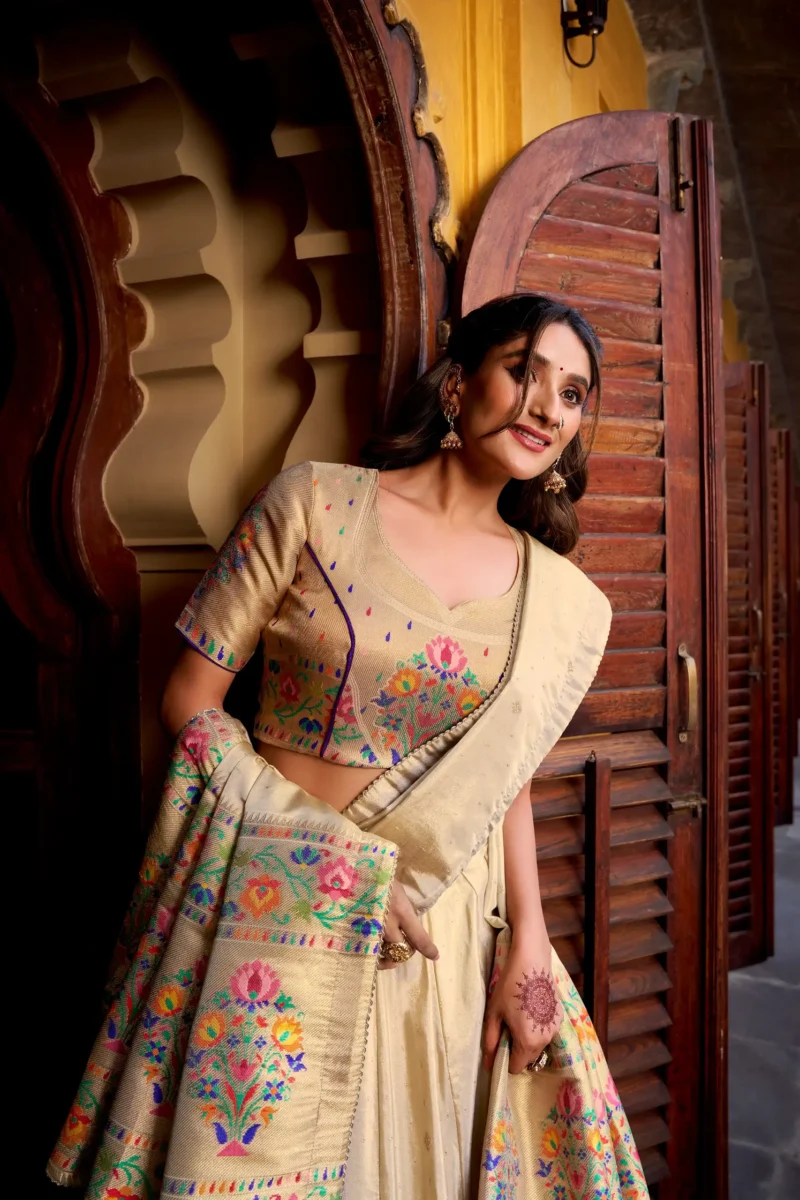 Off White colour Shimmer Paithani Half Saree Lehenga close