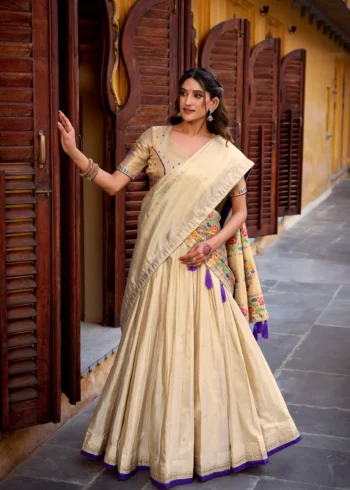 Off White colour Shimmer Paithani Half Saree Lehenga full