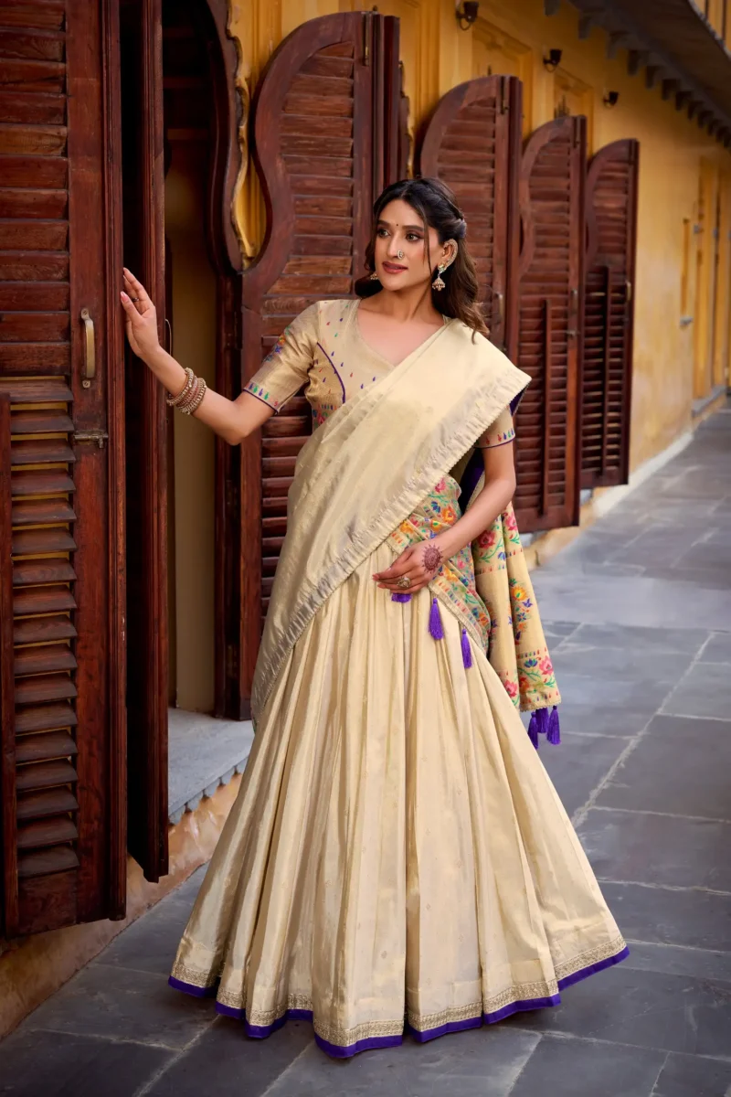 Off White colour Shimmer Paithani Half Saree Lehenga full