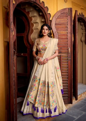 Off White colour Shimmer Paithani Half Saree Lehenga front