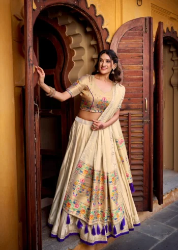 Off White colour Shimmer Paithani Half Saree Lehenga seeking