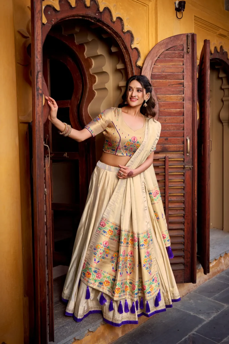 Off White colour Shimmer Paithani Half Saree Lehenga seeking