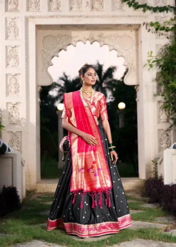 black colour Paithani Jacquard Silk Half Saree Lehenga front