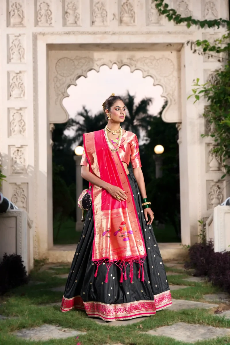 black colour Paithani Jacquard Silk Half Saree Lehenga front