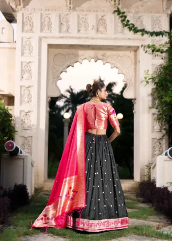 black colour Paithani Jacquard Silk Half Saree Lehenga back view