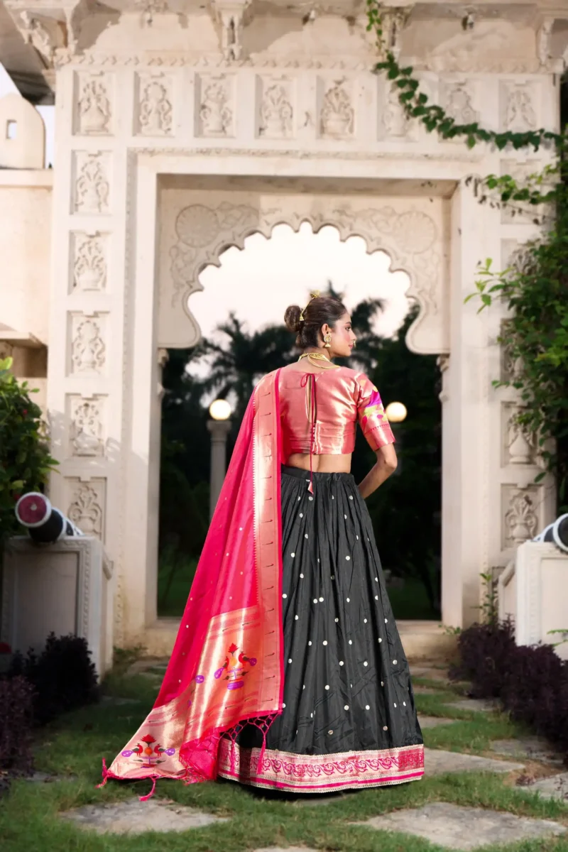 black colour Paithani Jacquard Silk Half Saree Lehenga back view