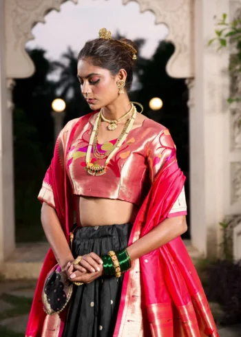 black colour Paithani Jacquard Silk Half Saree Lehenga close